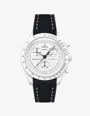 Omega X Swatch MoonSwatch Mission to the MoonPhase on a black vertech rubber watch strap with a white background showcasing both the watch and the watch strap from Wristbuddys