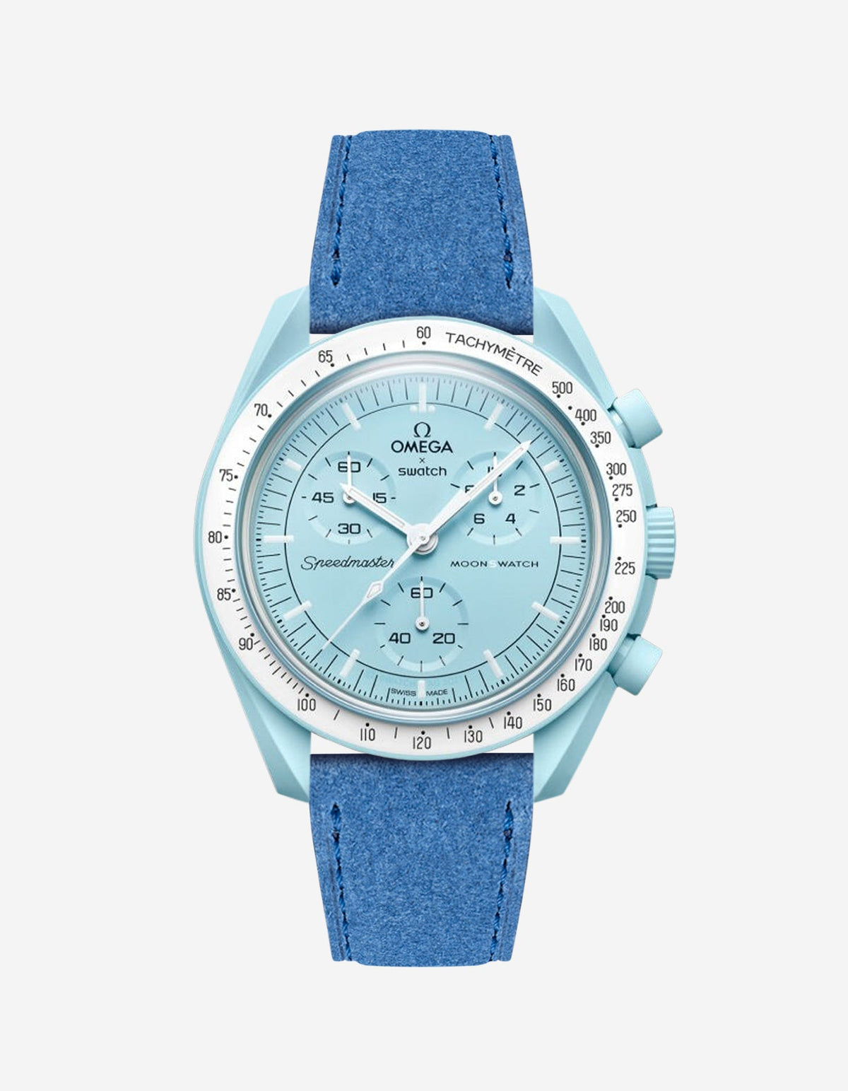 Omega X Swatch Mission to Uranus with Ocean blue suede leather strap mounted on watch – front view