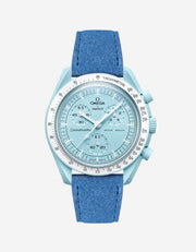 Omega X Swatch Mission to Uranus with Ocean blue suede leather strap mounted on watch – front view