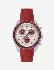 A burgundy curved vertech rubber watch strap with a stainless steel buckle, designed for the Omega X Swatch MoonSwatch Mission to Pluto watch.