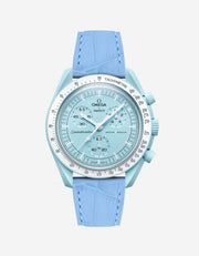 Sky Blue embossed alligator leather strap on Omega X Swatch MoonSwatch Mission to Uranus Watch