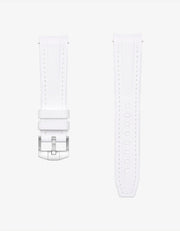 White vertech rubber watch strap Omega Moonswatch with silver buckle on a white background