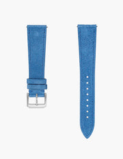 Ocean Blue Suede  wristbuddys leather watch strap with silver buckle on a white background