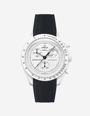 Omega X Swatch MoonSwatch Mission to the MoonPhase on a full black fkm rubber watch strap with a white background showcasing both the watch and the watch strap from Wristbuddys