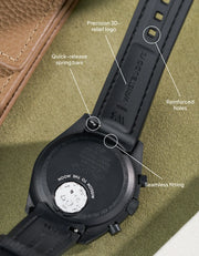 Black Vertech rubber strap for MoonSwatch Mission on Earth Lava with spring bar release, reinforced adjustment holes and sleek profile.