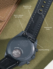 Rubber strap for MoonSwatch Mission to the Moonphase in Vertech Black with White Stitches, shown from the back with USP features