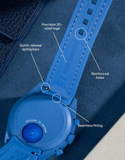 Neptune Blue rubber strap for MoonSwatch Mission to the Moonphase, designed for an exact fit with 3D branding and quick-release spring bars