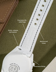 Rubber strap for MoonSwatch Mission to the Moonphase in Vertech White with Black Stitches, shown from the back with USP features