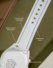 White strap with blue stitching for MoonSwatch Mission to the Moonphase, close-up of back side with quick-release mechanism and secure hole design