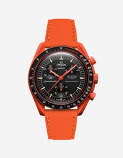 Orange Cowhide leather strap on Omega x Swatch Mission on Earth lava watch