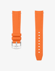 Orange vertech rubber watch strap with silver buckle on a white background