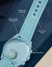 Vertech Turquoise rubber strap for Omega x Swatch MoonSwatch Mission to the Moonphase – back view showing quick-release spring bars, seamless fitting, and 3D-relief logo