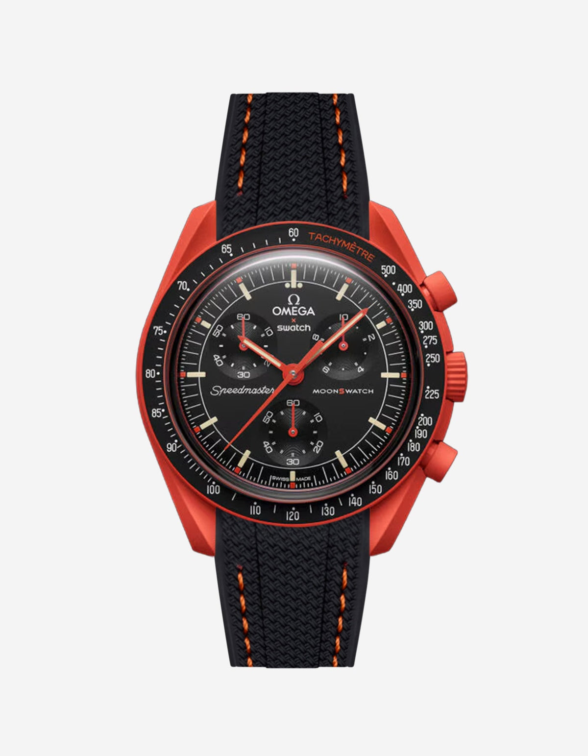 Black Rubber strap for Omega X Swatch MoonSwatch Mission On Earth Lava with Orange Stitches , attached to the watch