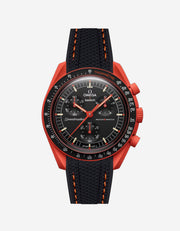 Black Rubber strap for Omega X Swatch MoonSwatch Mission On Earth Lava with Orange Stitches , attached to the watch