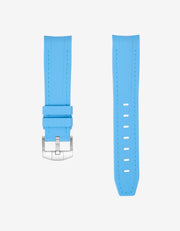 Light blue vertech rubber watch strap with silver buckle on a white background