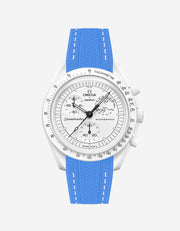 Omega X Swatch MoonSwatch Mission to the MoonPhase on a neptune blue vertech rubber watch strap with a white background showcasing both the watch and the watch strap from Wristbuddys