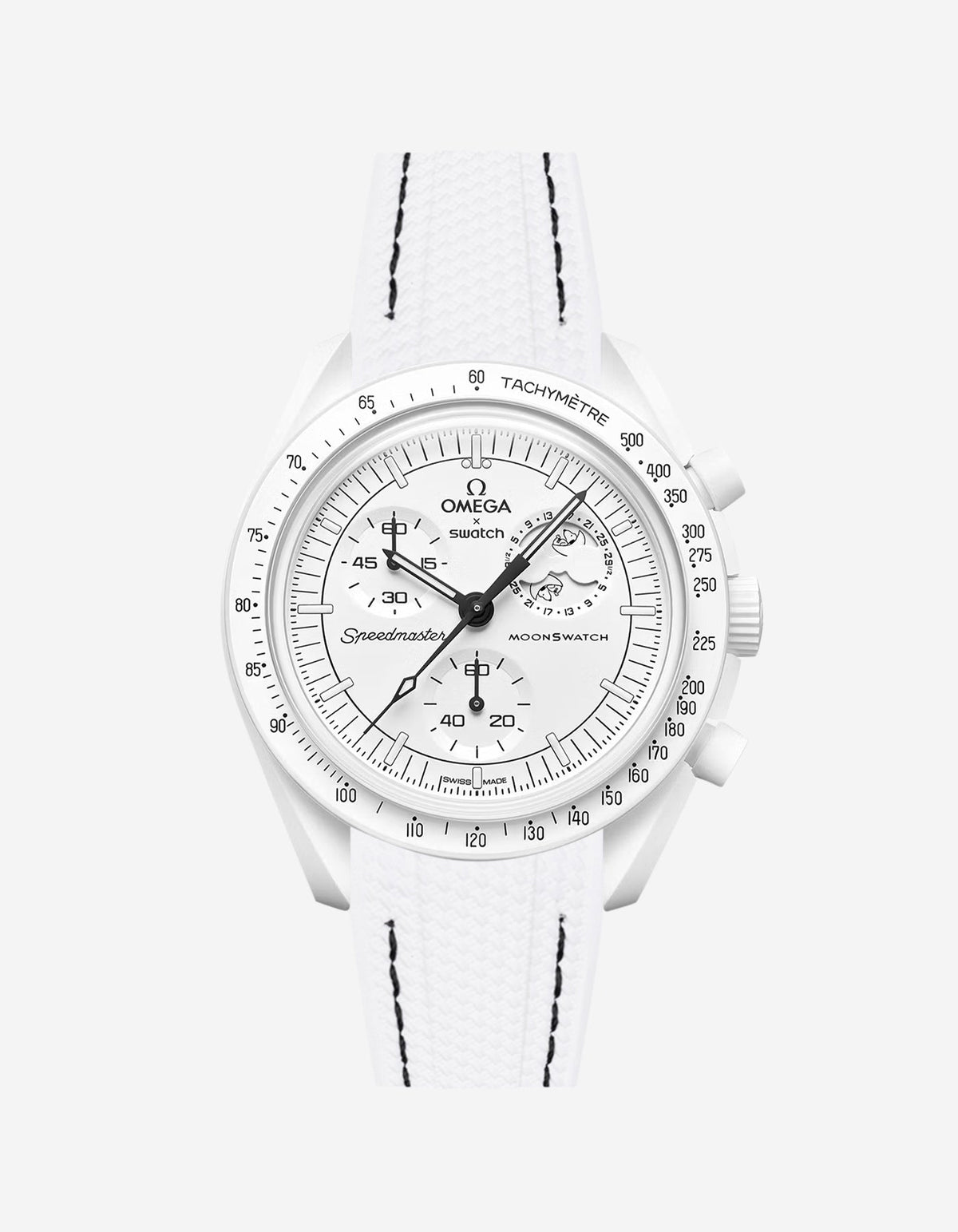 Omega X Swatch MoonSwatch Mission to the MoonPhase on a white vertech rubber watch strap with a white background showcasing both the watch and the watch strap from Wristbuddys