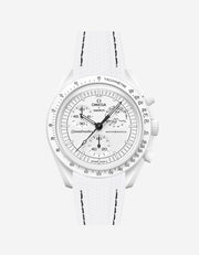 Omega X Swatch MoonSwatch Mission to the MoonPhase on a white vertech rubber watch strap with a white background showcasing both the watch and the watch strap from Wristbuddys