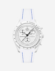 Omega X Swatch MoonSwatch Mission to the MoonPhase on a white & blue stitches vertech rubber watch strap with a white background showcasing both the watch and the watch strap from Wristbuddys